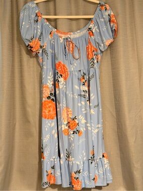 SO Blue Floral Milkmaid Puff Sleeve Mini Dress Women’s XL Cottagecore